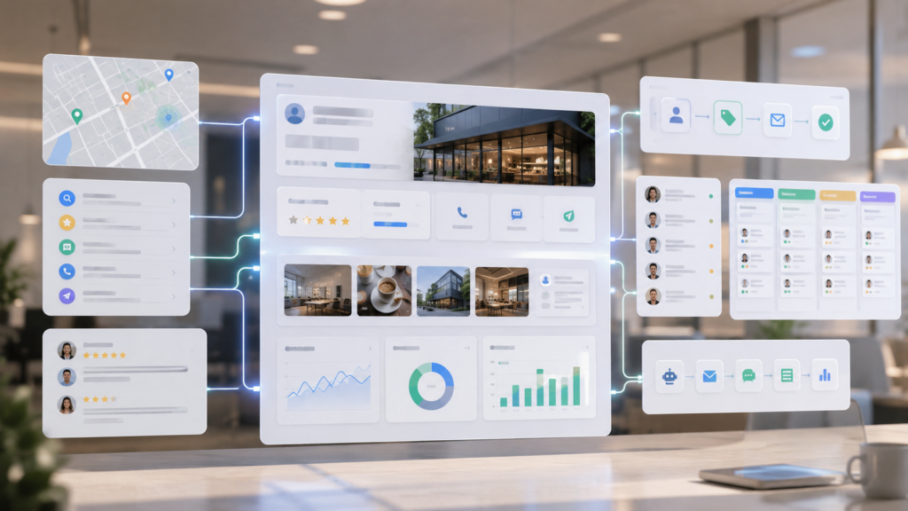 Painel digital automatizado de perfil comercial online com avaliações, mensagens, mapa local, dados de desempenho e fluxo de leads integrado ao marketing.