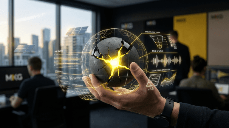 Estrategista de marca da MKG orquestra a consistência de todos os canais em um holograma tátil emanando de uma esfera física de marca, com detalhes na paleta preto e amarelo e sutil integração de energia solar.