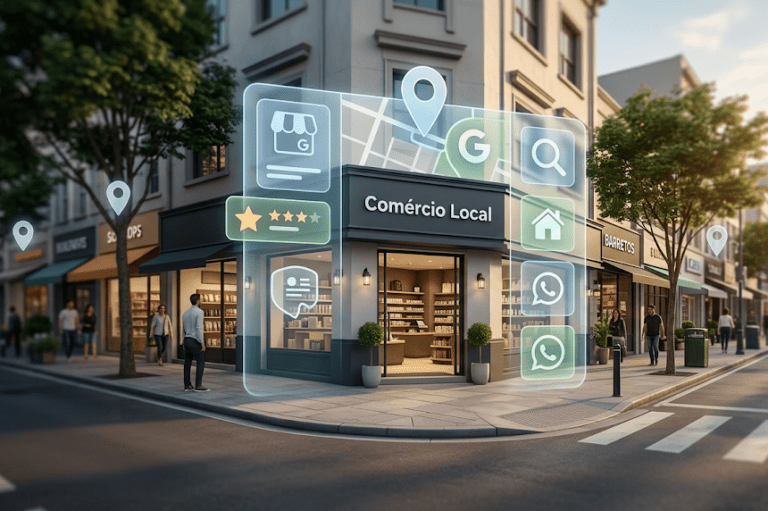 Empresa local de Barretos em destaque em cenário urbano com elementos visuais de busca local, site, perfil comercial e contato digital integrados.