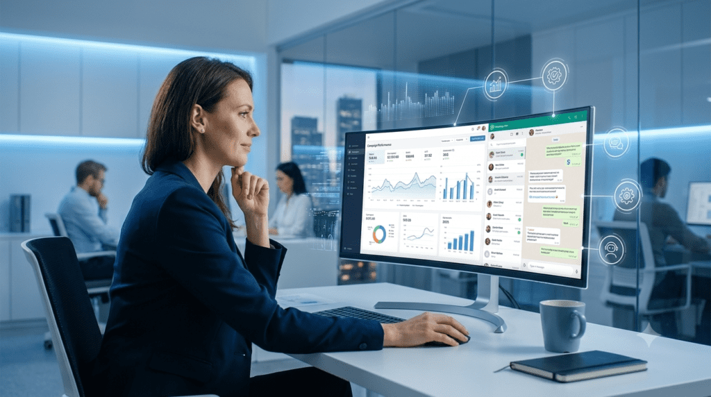 Profissional analisando campanhas digitais no computador com interface de WhatsApp aberta, gráficos de desempenho e elementos visuais de automação em ambiente de escritório moderno.