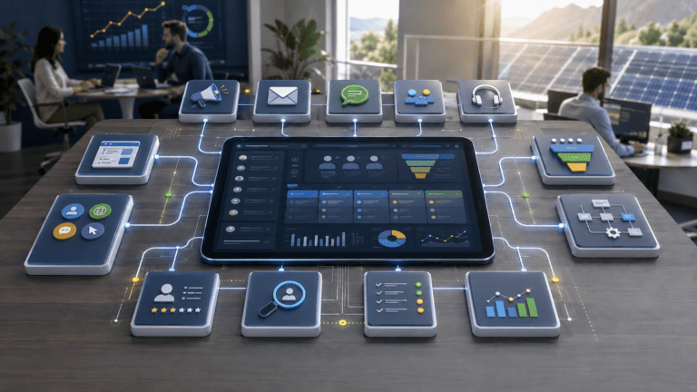 Central de CRM conectando marketing, vendas, automação, funil comercial e dados para organização de leads qualificados.