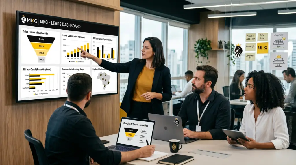 Equipe analisando estratégia de geração de leads em ambiente corporativo