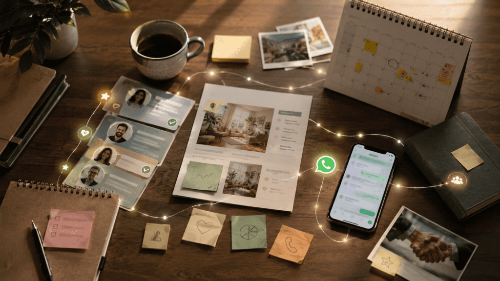 Mesa de trabalho comercial com proposta, calendário, celular e lembretes conectados por sinais visuais de IA para representar follow-up inteligente com clientes.