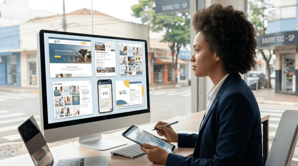 Gestor analisando a presença digital de uma empresa local de Barretos com site, Google, redes sociais, WhatsApp e identidade visual conectados.