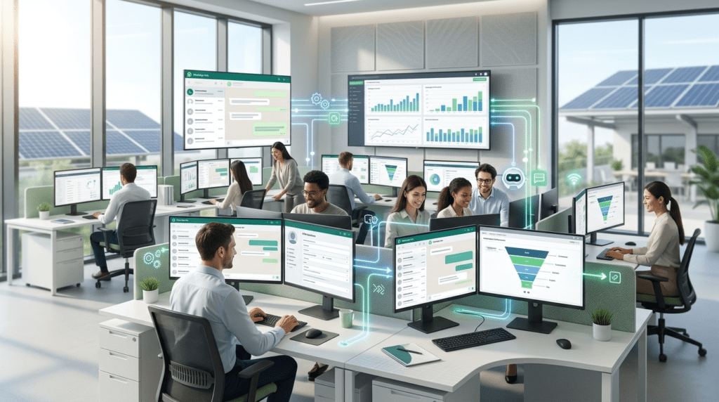 Central de marketing e vendas com WhatsApp integrado ao CRM, automação de atendimento, dados de campanhas e fluxo de leads qualificados.