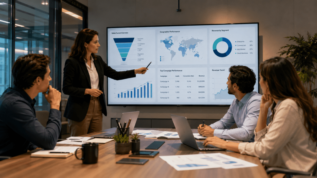 Reunião estratégica entre profissionais de marketing e vendas analisando gráficos, funil comercial e dados de segmentação em escritório moderno.