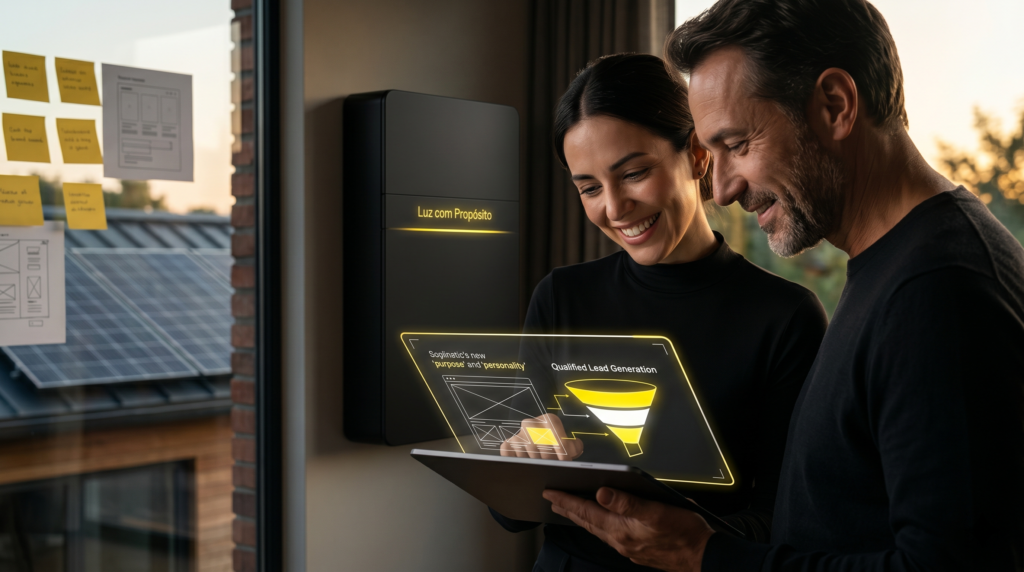 Estrategista de branding discute a personalidade da marca e dados de qualificação de leads com um cliente satisfeito em uma residência moderna com tecnologia solar integrada.