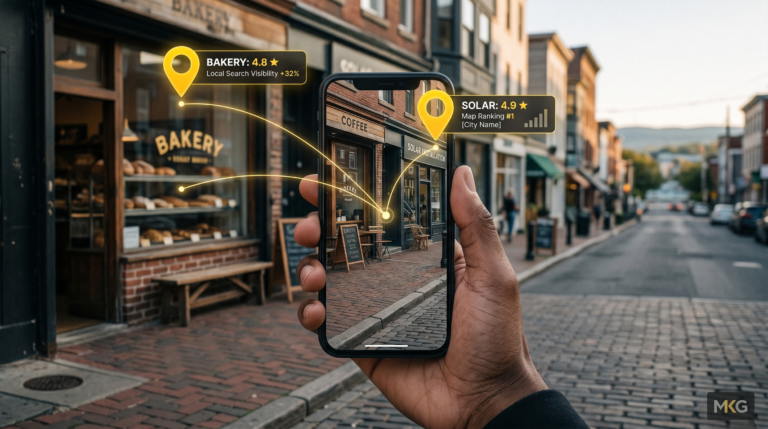 Fotografia criativa de rua mostrando como o SEO Local conecta negócios físicos a dados flutuantes em um smartphone com detalhes na paleta preto e amarelo.