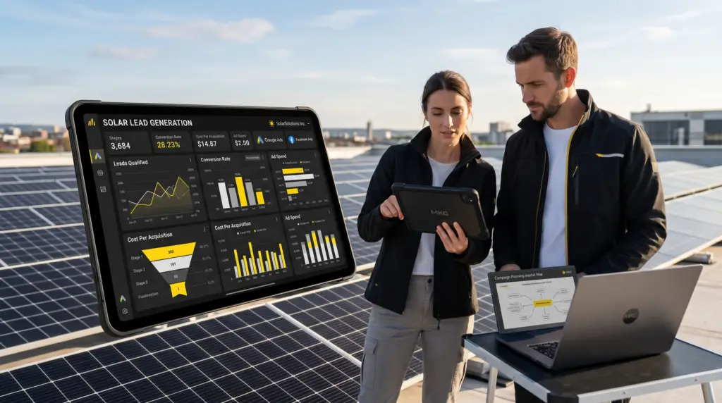 Composição visual moderna sobre marketing digital para energia solar, destacando painéis fotovoltaicos integrados a gráficos de crescimento, métricas de tráfego pago e elementos digitais na paleta preto e amarelo.