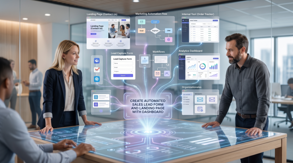 Estrutura visual conceitual mostrando ideias de negócio sendo transformadas em software, automações e interfaces digitais com apoio de inteligência artificial.