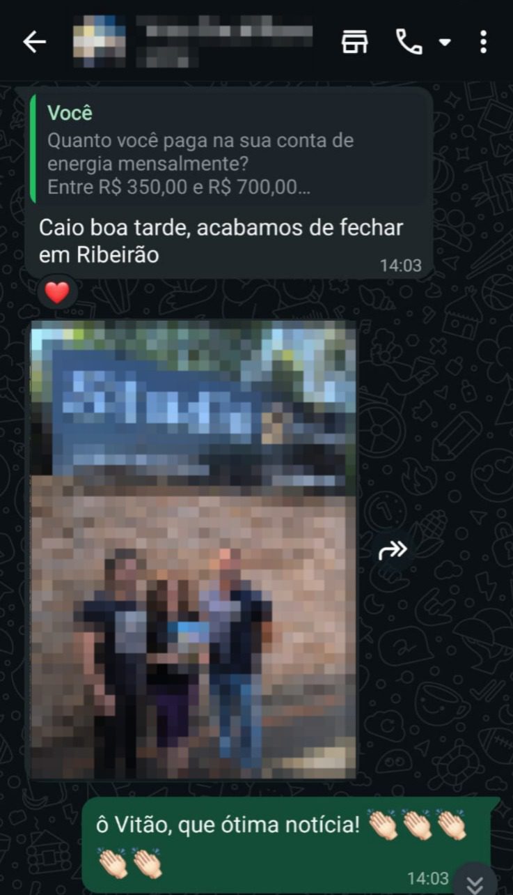 Mensagem de fechamento confirmado em atendimento do setor solar