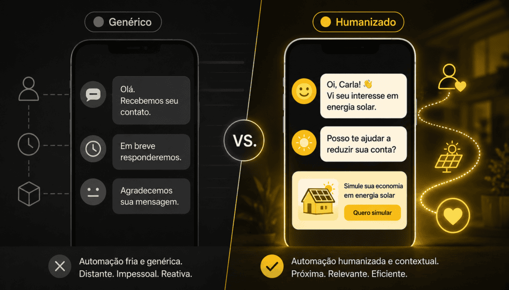 Comparação entre atendimento automatizado genérico e atendimento humanizado.