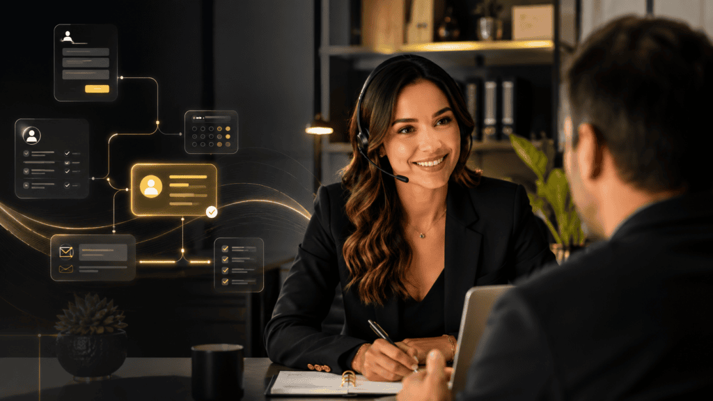 Automação no marketing auxiliando uma profissional durante o atendimento de um lead.