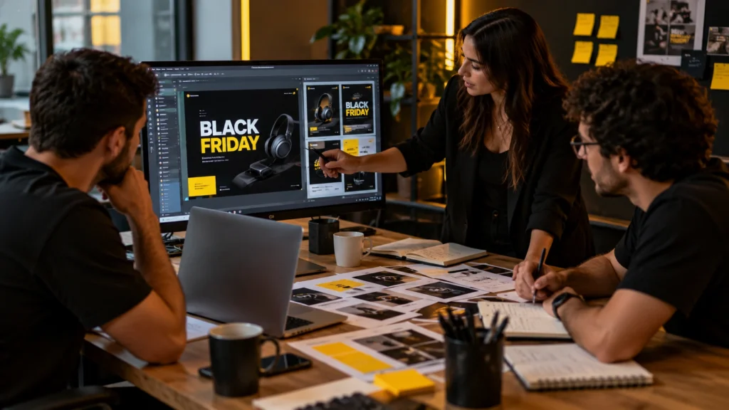 Equipe organiza ofertas e materiais de divulgação para uma campanha de Black Friday.