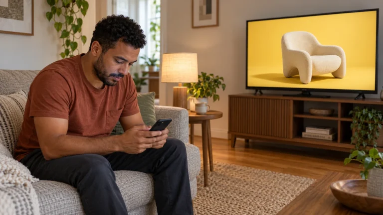 Pessoa olhando o celular enquanto um vídeo publicitário aparece na televisão ao fundo.