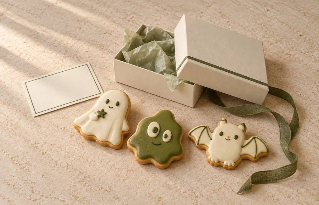 Doces temáticos e embalagens coordenadas em uma composição de campanha de Halloween.