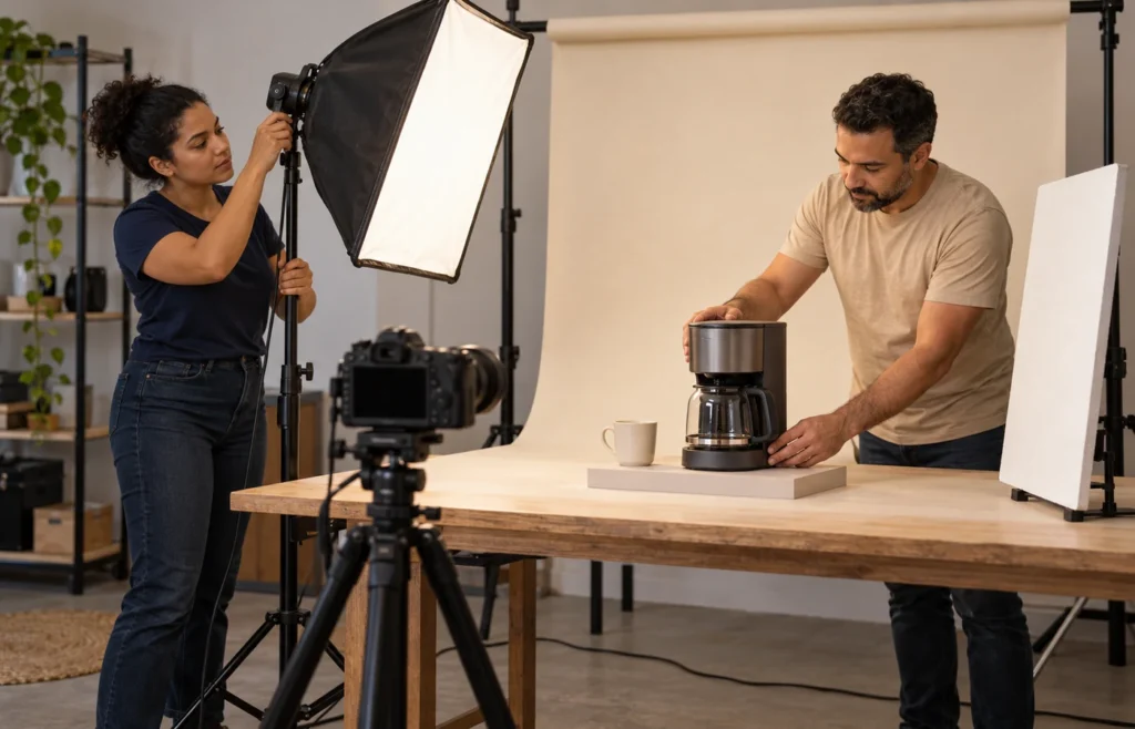 Equipe preparando a gravação de um produto para um anúncio em vídeo.