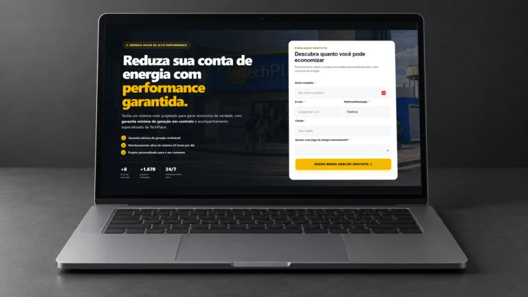 Landing page da TechPlace criada pela MKG exibida em um notebook.