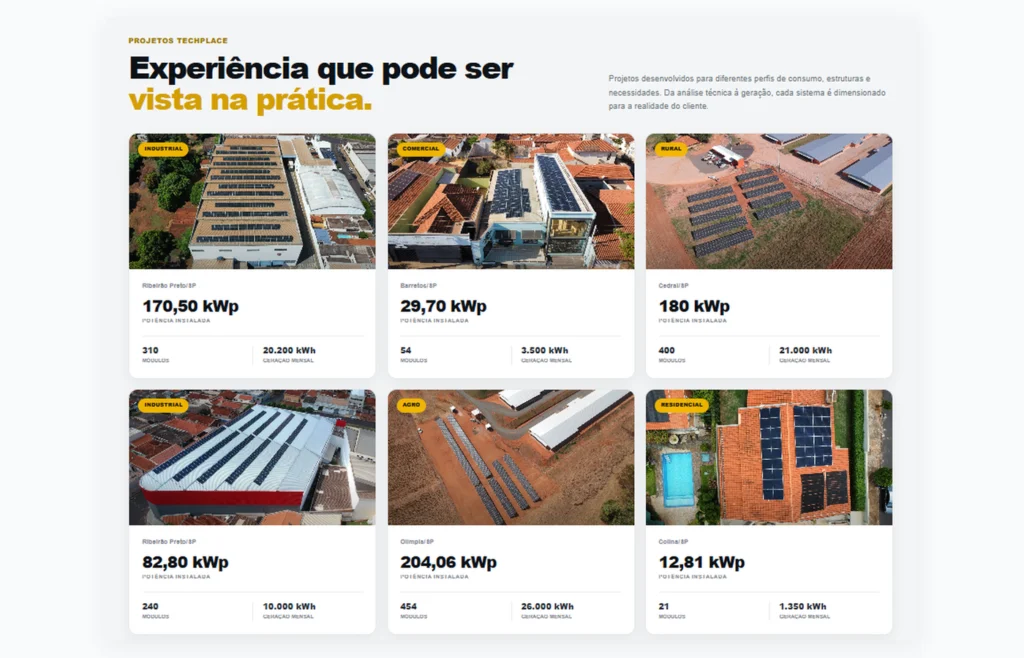Seção da landing page da TechPlace com fotos e informações de projetos de energia solar.